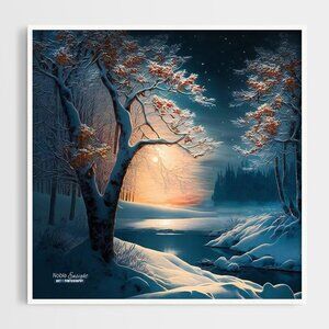 8x8 Calm Winter‎ Night Watercolor Oil Painting Art Print